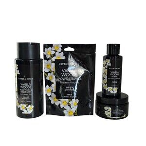 River & Rowe Vanilla Woods Body Wash, Bath Oil, Body Scrub, Shower Steamers,4pk